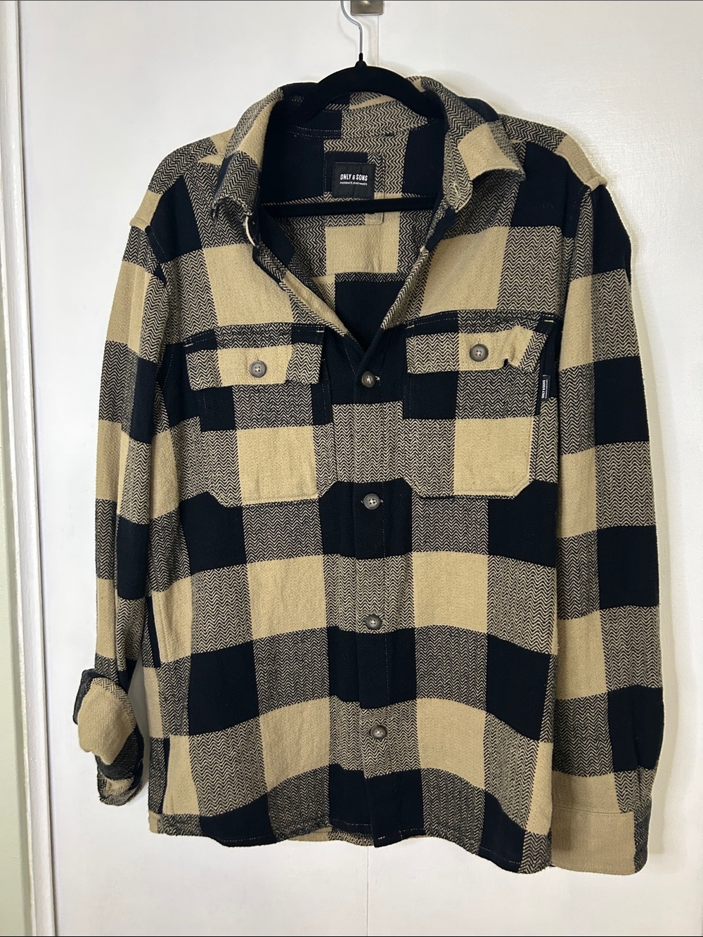 ONLY & SONS Black and Cream Plaid Lightweight Shacket